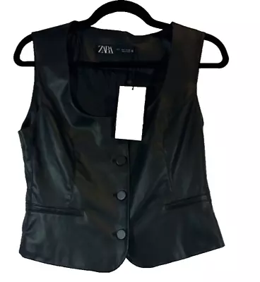 NEW Zara Womens Button Front V Neck Faux Leather Vest Jacket Black Size S A17 • $24.49