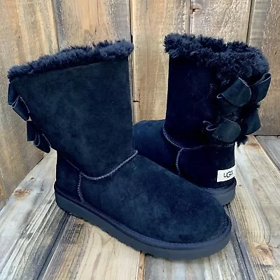 New Ugg Bailey Suede Bow Boot Black Sheepskin Wool Lined Women Us 9 Uk 7 Eu 40 • $134.96