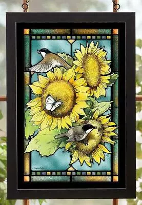 $149 • Buy Marjolein Bastin Chickadees And Sunflowers Framed Stained Glass Window Panel