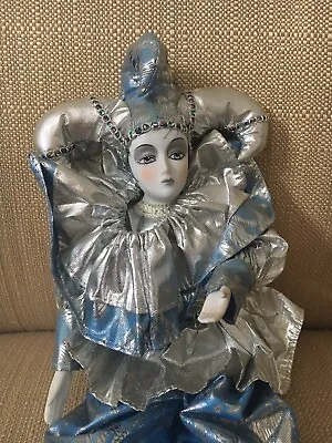 VINTAGE 17  Harlequin Mardi Gras Jester Clown Porcelain Doll Silver Blue Teal • $39.99