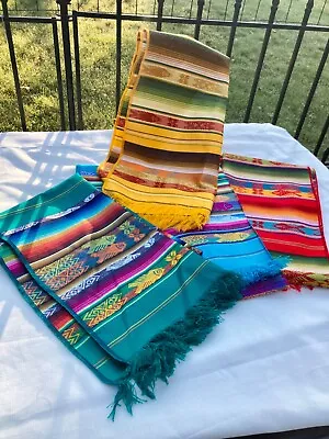 Mexican Serape Fringed Tapestry Table Runner With Fish Set Of 4 68” Long EUC • $59