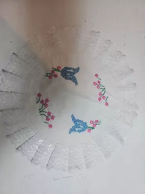 Vintage Needlepoint Doily Round 14 Inch Grannycore Blue Pink Floral Tulip Lace  • $9.32