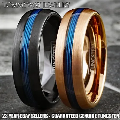 Tungsten Carbide Blue Fishing Line 7mm Brushed Band - Black Or Rose Gold Plated • $16.99