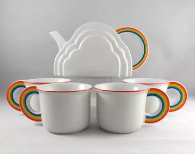 Vintage Vandor 1978 Ceramic Rainbow And Clouds Teapot With 4 Cups • $349.99