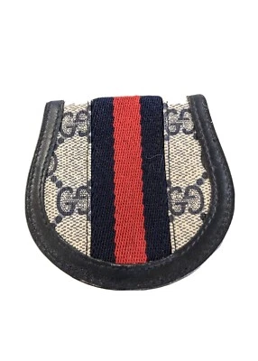 $62 • Buy Vintage Gucci Coin Purse Wallet Euro Style Bifold Navy Leather Logo Canvas 1980s