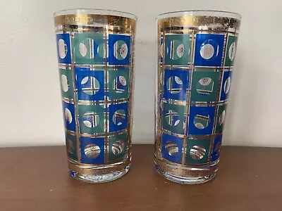 2 Rare Culver MCM Vintage Highball Glasses Gold Green Blue Signed Square Circles • $19.99