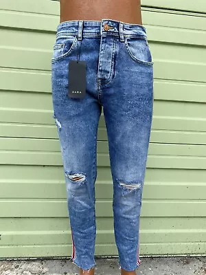 New ZARA MAN Blue Slim Jeans Distressed Rip Side Stripe Size 34 X 27 #4754 • $34.99