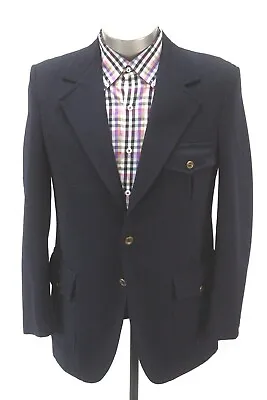 Navy Blue VINTAGE 70s Knit Western Blazer Jacket Back Belt Sport Suit Coat 40 R • $69.99