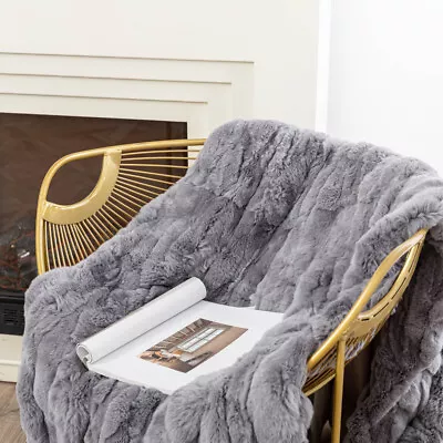 Grey Soft Real Rex Rabbit Fur Chair Throw Blanket Luxury Bedspread Queen 79x55'' • $170.99