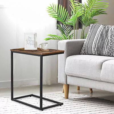 C Shaped Snack Side Table Black Metal Frame Brown Top Coffee Tray End Table • $29.58