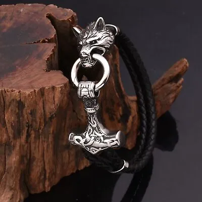 New Style Stainless Steel Viking Wolf&Thor Hammer Mjolni Leather Bracelet Gifts • $12.99