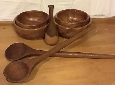 Vintage Hand Turned Wooden Bowls And Salad Servers • £22.50