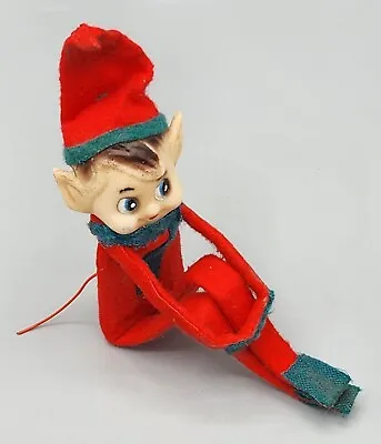 Vintage Knee Hugger Elf Pixie Christmas Rubber Face Red & Green Felt Hong Kong • $20