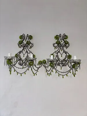 ~Oneof A Kind Green Chartreuse Murano Glass Macaroni Swags Italian Sconces 1900~ • $3199