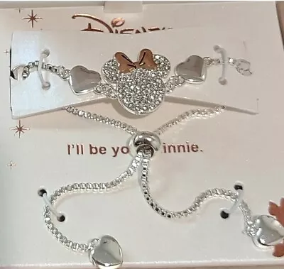 Disney Fine Silver Plated Minnie Mouse Hearts Love Adjustable Slide Bracelet Nib • $27.99