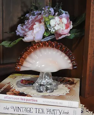 Vintage FENTON Peach / Pink Glass Napkin Holder Ruffled Edge On Scalloped Base • $40