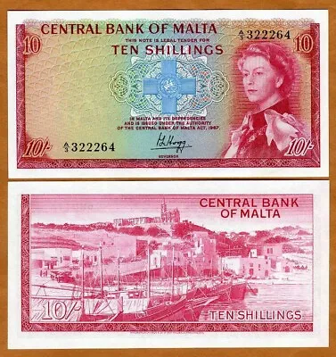Malta 10 Shillings L. 1967 (1968) Young QEII P-28a Gem UNC • $223.25