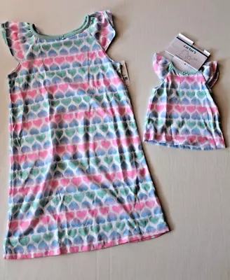 Carter's Multi Heart Print Knit Nightgown With Matching Doll Gown Girl Size 4-5 • $23.99