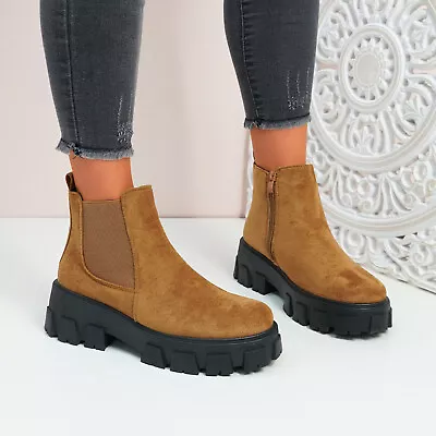 Womens Ladies Chelsea Ankle Boots Side Zip Chunky Sole Platform Boot Women Shoes • £24.99