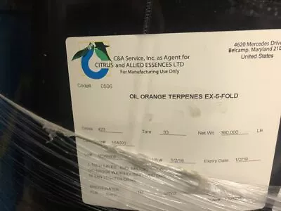 Citrus & Allied Essences Oil Orange Terpenes Ex-5 Fold D’Limonene 55 Gallon • $7500