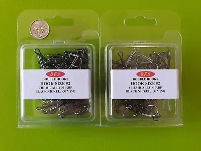 100x DFS Size 2 DOUBLE Fishing Hooks Black Nickel Chemical Sharp • $17.22