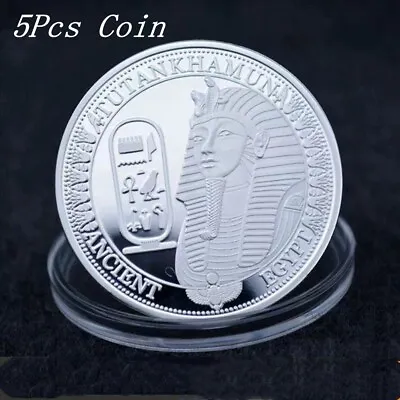 5pc Egyptian Pharaoh Stone Lions Face Pyramid Silver Plated Commemorative Coin • $15.20