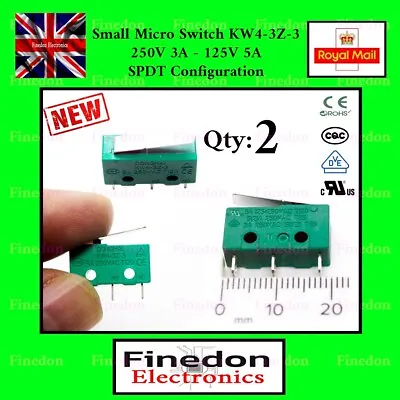 2 Qty Mini Limit Lever Arm Micro Switch 250V 3A 125V 5A KW4-3Z-3 UK Seller • £2.84