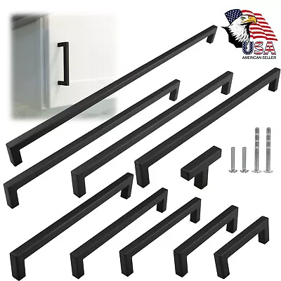 Matte Black Square Modern Cabinet Handles Pulls Kitchen Drawer Stainless Steel • $433.65