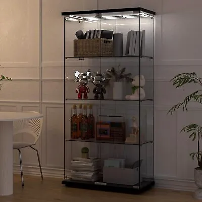 Glass Display Cabinet 4-Shelf 2 Door W/Ceiling Light Curio Trophy Vintage Case • $265.99