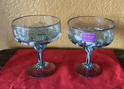Ocean Blue Mexican Hand Blown Glass Margarita Glasses16 Oz.Set Of 2 .New • $24.96