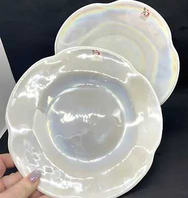 Mariposa White Iridescence Plates Scalloped Edge Vetro Artistico Murano Set 2 • $75