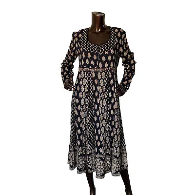 East Artisan Anokhi Indian Gauze Cotton Blacl Gold Tan Midi Maxi Dress Uk10 • $94.72