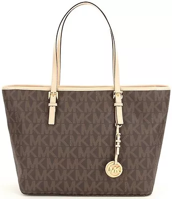 NWT MICHAEL KORS Jet Set Signature Large Zip-top Travel Tote 38F6GTVT3B Brown  • $170.28