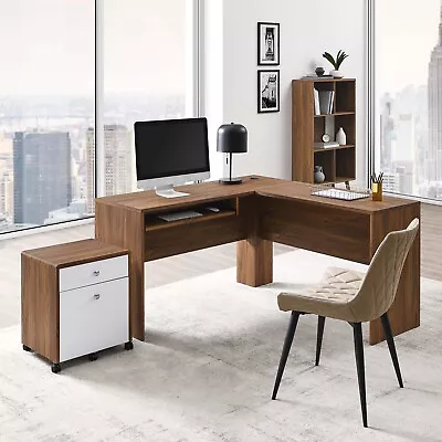 Modway Transmit Mid-Century Modern Office Desk And File Cabinet In Walnut White • $311.09