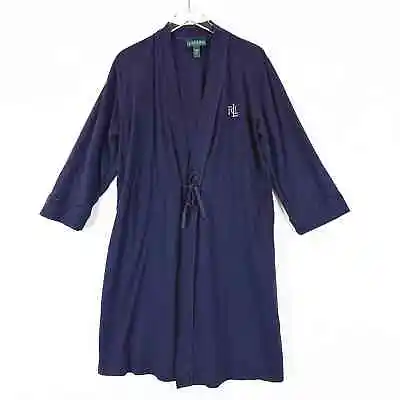 Ralph Lauren Womens Navy Blue Monogrammed Robe Large Cinch Waist Cotton Preppy • $17.49