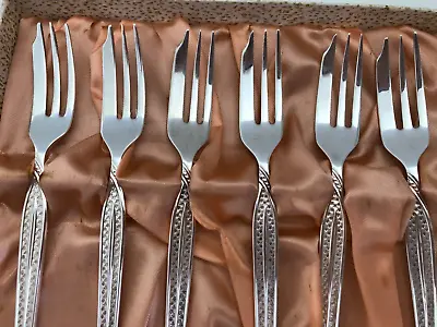 6 Pc Retro 1970s Vintage GROSVENOR Silver Plated CAKE FORK SET Flamenco Box • $20