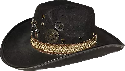 STEAMPUNK COWBOY HAT Black Cap Gears Jewelry Adult Western Costume Westworld Men • $18.89