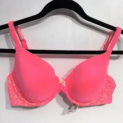 Victoria's Secret Bra 36D Neon Pink Lace Trim Perfect Coverage Underwire • $20