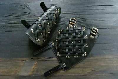 Leather Arm Bracers Steampunk Medieval Costume LARP Cosplay Leather BDSM Gauntle • $125.10