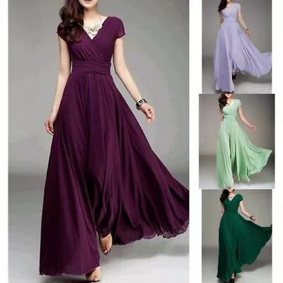 Womens Chiffon Long Formal Prom Evening Dress Party V-Neck Short Sleeve Cocktail • $23.39