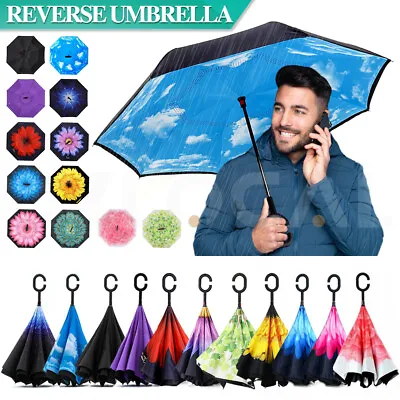 $13.49 • Buy Umbrella Upside Down Windproof Inverted Reverse C-Handle Folding Double Layer