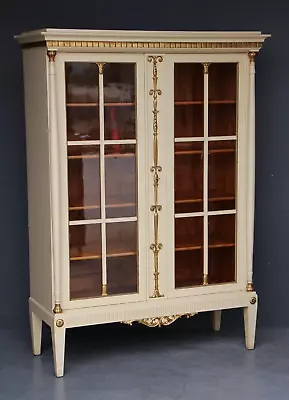 $3395 • Buy Antique Empire Glazed Bookcase 2 Glass Doors 4 Shelves Gilt Carved Hand Painted 