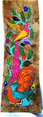 MEXICAN BARK PAINTING AMATE BIRDS  FLOWERS 23   X 7 1/2  GUERRERO MEXICO • $21.50