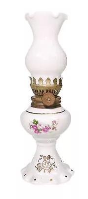 7.5” Small Mini Oil Lamp Light Lite Lantern Roses Porcelain Glass 2 Pc • $17.82