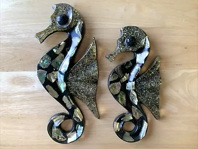 (2) Vintage Mid Century Lucite SEAHORSE Wall Plaque Abalone Shell • $21.99