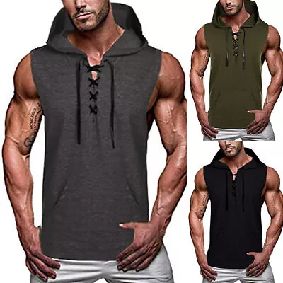 Mens Gym Workout Sleeveless Hoodies Hooded Vest Sports Muscle T-Shirt Tank Tops • £10.91