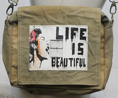 $40 • Buy Vintage Addiction Messenger Bag Frida Kahlo Life Is Beautiful Tan Olive Canvas