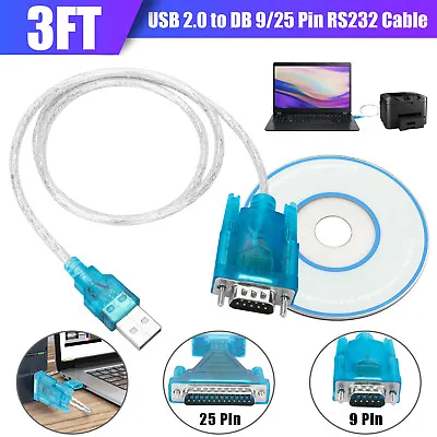 3Ft USB 2.0 To DB9 RS232 Serial Computer Converter 9 Pin W/25 Pin Male Cable PDA • $9.98