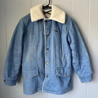 Vintage Lee Storm Rider Jacket Sherpa Lined Denim Coat L / XL Light Blue U.S.A. • $47.96