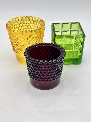 3 Vintage MCM RETRO Style Glass Candle Votives 3in Hobnail Window Pane READ • $14